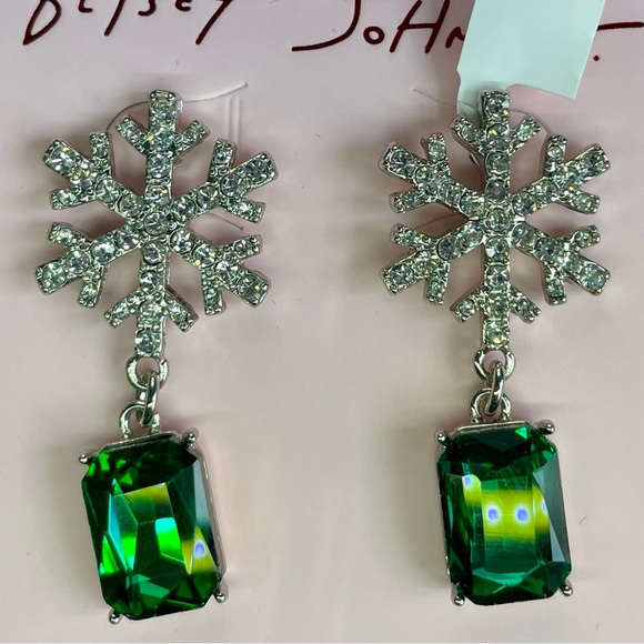 Betsey Johnson Silver Snowflake Earrings with Green Gemstone - Picture 2 of 3